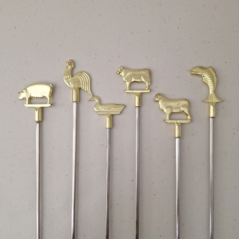 Vintage Set Of 6 Brass Skewers‎ Tops Farm Animals 15"